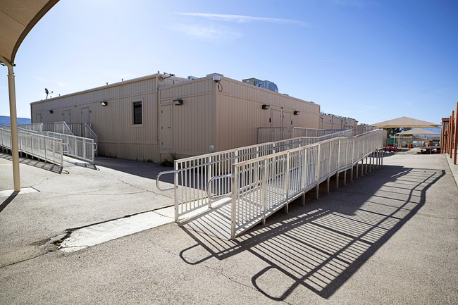 Sandy Valley high school students are still in portable classrooms at Sandy Valley School in Sandy Valley, Nev. Wednesday, March 30, 2022. A new elementary school was finished in August 2021.