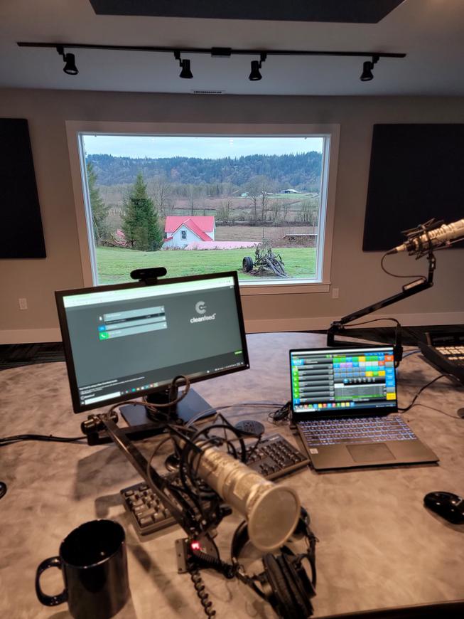 Chet Buchanan's setup for his radio show at his home in Seattle. Buchanan and his family moved back to Seattle to look after his family's farm (pictured) that's been in the Buchanan name for 60 years.