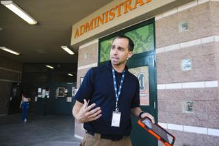 Clark County School District Police Department Office of Emergency Management employee Christopher Batterman gives a tour of security features at Mojave high school in North Las Vegas Thursday, April 7, 2022.