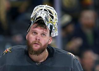 Vegas Golden Knights goaltender Robin Lehner (90) is shown during the second period of an NHL hockey game against the New Jersey Devils at T-Mobile Arena Monday, April 18, 2022.