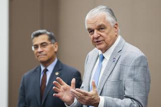 Nevada Governor Steve Sisolak, alongside United States Secretary of Health and Human Services Xavier Becerra,
speaks to the media during Governor Sisolaks Healthcare Provider Summit at the Las Vegas Convention Center Tuesday, April 19, 2022.
