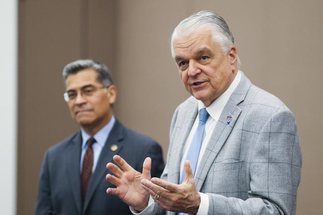 Nevada Governor Steve Sisolak, alongside United States Secretary of Health and Human Services Xavier Becerra,
speaks to the media during Governor Sisolaks Healthcare Provider Summit at the Las Vegas Convention Center Tuesday, April 19, 2022.