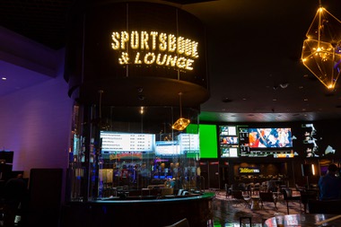 A look at the new sports book and lounge at the Palms Resort & Casino, Monday April 25, 2022, during a media preview before their grand reopening this week. The Palms has been closed for nearly two years after shutting its doors due to the pandemic in 2020. After being purchased by San Manuel tribe the property will re-open to the general public at 9pm on Wednesday April 27.