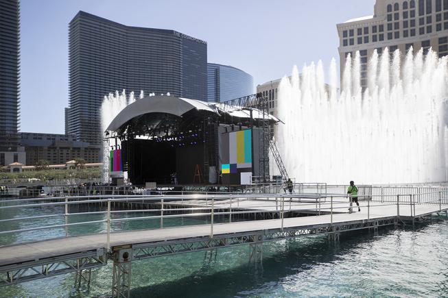 The NFL Draft red carpet stage gets set up at Bellagio on April 23.