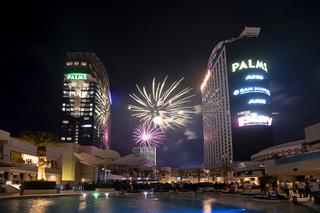 Fireworks explode between the Palms hotel towers during the reopening of the Palms Wednesday, April 27, 2022. The San Manuel Band of Mission Indians bought the property from Station Casinos in 2021.