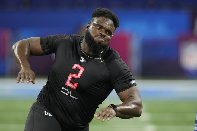Tennessee defensive lineman Matthew Butler runs a drill during the NFL football scouting combine, Saturday, March 5, 2022, in Indianapolis.