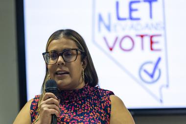 Emily Persaud-Zamora, Executive Director of Silver State Voices, speaks in opposition to a ranked-choice voting ballot measure during a Let Nevadans Vote press conference Monday, May 9, 2022.