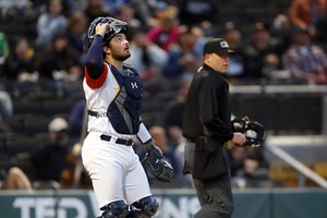 The Las Vegas Aviators catcher Shea Langeliers (33) speaks during an  interview with the Review- …