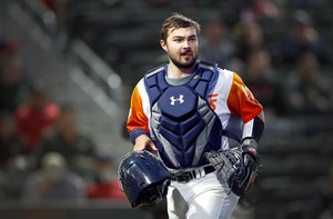 The Las Vegas Aviators catcher Shea Langeliers (33) speaks during an  interview with the Review- …