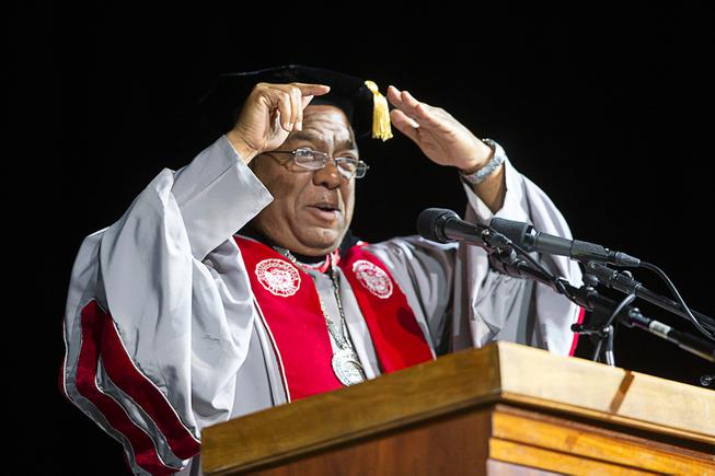 UNLV President Keith Whitfield looks out toward the audience during UNLV graduation ceremonies for the Class of 2022 at the Thomas & Mack Center Saturday, May 14, 2022.