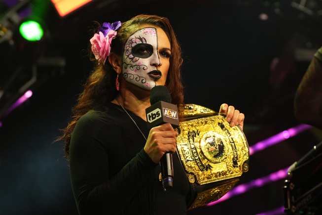 AEW women's champion Thunder Rosa (aka Melissa Cervantes) addresses the audience during a recent episode of AEW Dynamite.