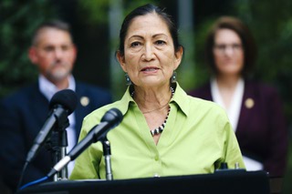 U.S. Secretary of the Interior Deb Haaland speaks at a press conference to discuss support for clean energy initiatives at NV Energy Tuesday, May 31, 2022.