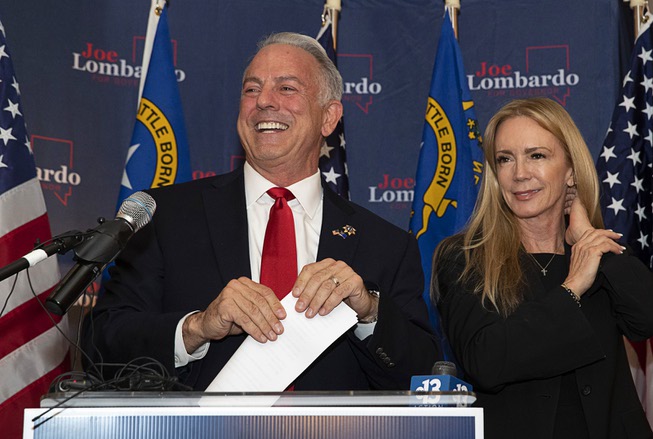 Clark County Sheriff and Republican candidate for Nevada Governor Joe Lombardo gives a victory speech during an election watch party Tuesday, June 14, 2022. Lombardo's wife Donna is at right.