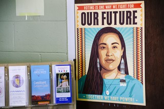 A poster hangs on a door at the Moapa-Paiute Community Center on the Moapa River Indian Reservation in Moapa, Nevada Tuesday, June 14, 2022.