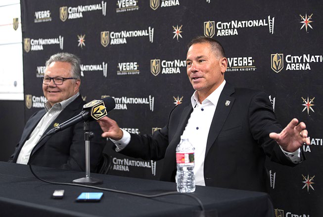 Bruce Cassidy, right, head coach of the Vegas Golden Knights, responds to a question during a news conference with Kelly McCrimmon, general manager of the Vegas Golden Knights, at City National Arena in Las Vegas Thursday, June 16, 2022.