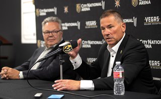 Bruce Cassidy, right, head coach of the Vegas Golden Knights, responds to a question during a news conference with Kelly McCrimmon, general manager of the Vegas Golden Knights, at City National Arena in Las Vegas Thursday, June 16, 2022.