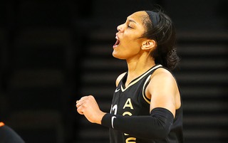 Las Vegas Aces forward A'ja Wilson (22) reacts after missing a shot during a game against the Chicago Sky at the Michelob Ultra Arena at Mandalay Bay Tuesday, June 21, 2022.