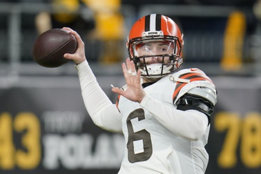 Cleveland Browns quarterback Baker Mayfield (6) warms up before an NFL football game against the Pittsburgh Steelers, on Jan. 3, 2022, in Pittsburgh. Mayfield's rocky run with Cleveland officially ended Wednesday, July 6, 2022, with the Browns trading the divisive quarterback and former No. 1 overall draft pick to the Carolina Panthers, a person familiar with the deal told the Associated Press. 
