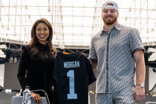 The Las Vegas Raiders new President Sandra Douglass Morgan and defensive end Maxx Crosby during a news conference at Allegiant Stadium, Thursday, July 7, 2022. Brian Ramos