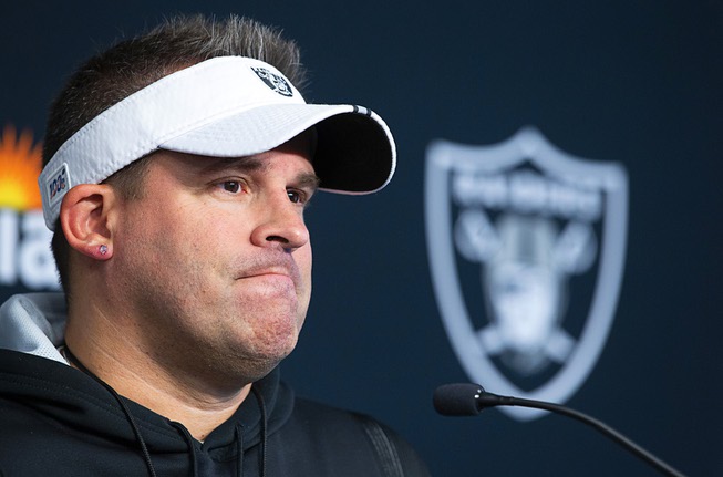 Las Vegas Raiders head coach Josh McDaniels talks with reporters during training camp at the Las Vegas Raiders Headquarters/Intermountain Healthcare Performance Center in Henderson, Thursday, July 21, 2022.