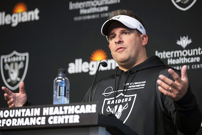 Las Vegas Raiders head coach Josh McDaniels talks with reporters ...