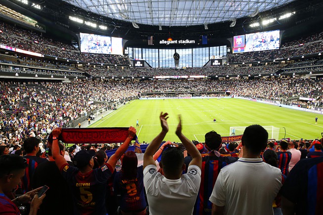 Fans wait for the start of a preseason soccer game between Real Madrid and Barcelona at Allegiant Stadium Saturday, July 23, 2022. Over 61,000 fans attended the match.