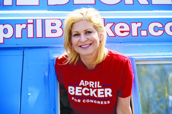 Republican candidate for U.S. Congress April Becker is shown May 29 in Las Vegas in the window of her campaign van. A Las Vegas resident has filed complaints with federal officials alleging Becker’s required candidate disclosure forms are deficient.