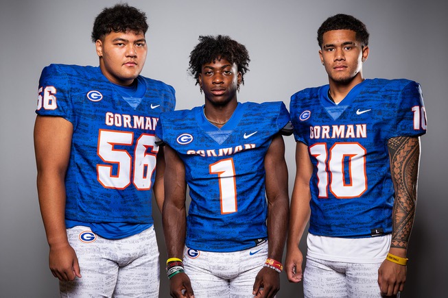 Members of the Bishop Gorman High School football team are pictured during the Las Vegas Sun's high school football media day at the Red Rock Resort on July 26, 2022. They include, from left, Zak Yamauchi, Zachariah Branch and Palaie Faoa.