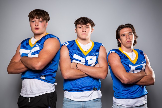 Members of the Moapa Valley High School football team are pictured during the Las Vegas Sun's high school football media day at the Red Rock Resort on July 26, 2022. They include, from left, Grant Henrie, Landon Wrzesinski and Ethan Stankosky.