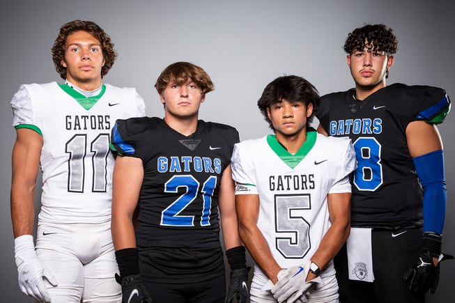 Members of the Green Valley High School football team are pictured during the Las Vegas Sun's high school football media day at the Red Rock Resort on July 26, 2022. They include, from left, Nate Richter, Tyler Eenhuis, Freddy Rodriguez and Eric Shockley.