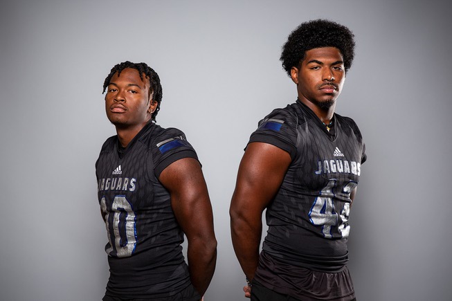 Members of the Desert Pines High School football team are pictured during the Las Vegas Sun's high school football media day at the Red Rock Resort on July 26, 2022. They include, from left, Malik Stinett and Idgerinn Dean.