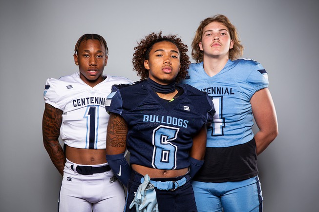 Members of the Centennial High School football team are pictured during the Las Vegas Sun's high school football media day at the Red Rock Resort on July 26, 2022. They include, from left, Damari Wiggins, Dariusz Zeno and Victor Plotnikov.