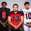 Members of the Las Vegas High School football team are pictured during the Las Vegas Sun's high school football media day at the Red Rock Resort on July 26, 2022. They include, from left, Garret Hughes, Sam Moore and Josue Santos.