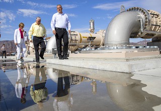 Dave Johnson, right, deputy general manager of the Southern Nevada Water Authority, leads a tour of the low lake level pumping station to Nevada Gov. Steve Sisolak, center, and Congresswoman Susie Lee, D-Nev., before a news conference at the Alfred Merritt Smith Water Treatment Facility at Lake Mead Wednesday, Aug. 24, 2022.