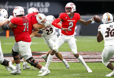 UNLV Rebels quarterback Doug Brumfield (2) passes during the first half of an NCAA college football game against the Idaho State Bengals at Allegiant Stadium Saturday, Aug. 27, 2022, in Las Vegas.