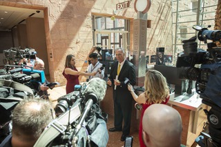Clark County District Attorney Steven Wolfson speaks to the press regarding Robert Telless first court appearance at the Regional Justice Center on Thursday Sept. 8, 2022. Telles was arrested on a murder charge in connection with the stabbing death of Las Vegas investigative journalist Jeff German.