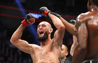 Khamzat Chimaev reacts as he is declared the winner over Kevin Holland in a 180 lb. catchweight bout during UFC 279 at T-Mobile Arena Saturday, Sept. 10, 2022. Chimaev defeated Holland by submission in the first round.