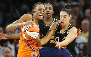 Las Vegas Aces guard Kelsey Plum (10) attempt to steal the ball from Connecticut Sun forward DeWanna Bonner (24) during Game Two of the 2022 WNBA Playoffs finals at the Michelob Ultra Arena at Mandalay Bay Tuesday, Sept. 13, 2022.