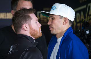 Super middleweight boxers Canelo Alvarez and Gennadiy Golovkin face off during Grand Arrivals at the MGM Grand lobby Tuesday, Sept. 13, 2022. The boxers will fight for the third time in a super middleweight championship fight at T-Mobile Arena on Saturday.