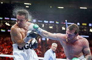 Undisputed super middleweight champion Canelo Alvarez connects with a punch on Gennadiy Golovkin during their title fight at T-Mobile Arena Saturday, Sept. 17, 2022.