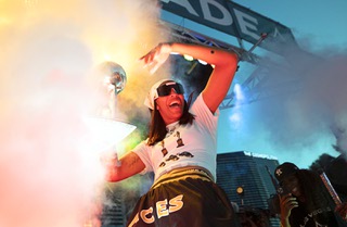 Las Vegas Aces forward A'ja Wilson celebrates during a rally for the Aces on the Las Vegas Strip Tuesday, Sept. 20, 2022. The Aces beat the Connecticut Sun in the WNBA Finals on Sunday to give Las Vegas its first professional championship.