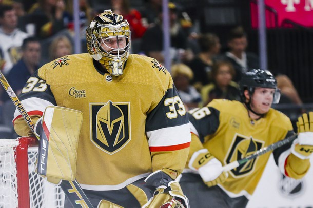 Vegas Golden Knights goaltender Adin Hill (33) stands on the ice during the second period of an NHL Hockey preseason game against the San Jose Sharks at T-Mobile Arena Friday, Sept. 30. 2022.