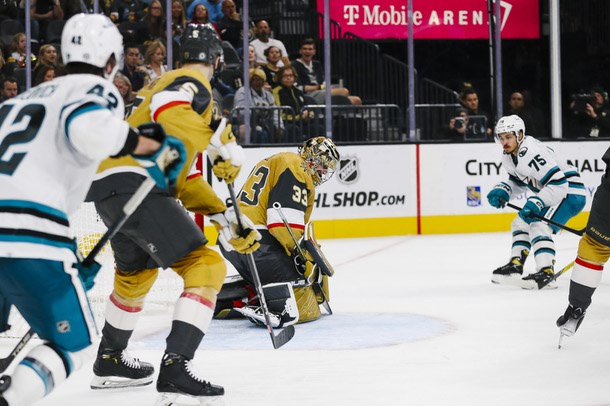 San Jose Sharks left wing Danil Gushchins (75) makes a shot past Vegas Golden Knights goaltender Adin Hill (33) during the second period of an NHL Hockey preseason game at T-Mobile Arena Friday, Sept. 30. 2022.