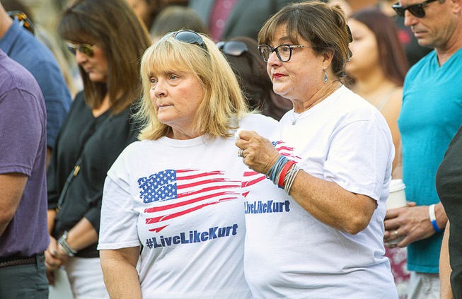 Denise Zimmerman, left, and her sister Lori Shelton, cousins of Mary Jo von Tillow, attend a Sunrise Remembrance Ceremony, honoring victims of the Oct. 1, 2017 mass shooting, at the Clark County Government Ceremony Saturday, Oct. 1, 2022. Kurt von Tillow, Mary Jos husband, is one of the victims killed in the Oct. 1 mass shooting.