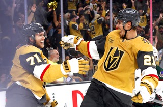 Vegas Golden Knights center William Karlsson (71) celebrates with center Brett Howden (21) after scoring during the third period of a preseason NHL hockey game against the Arizona Coyotes at T-Mobile Arena Tuesday, Oct. 4, 2022.