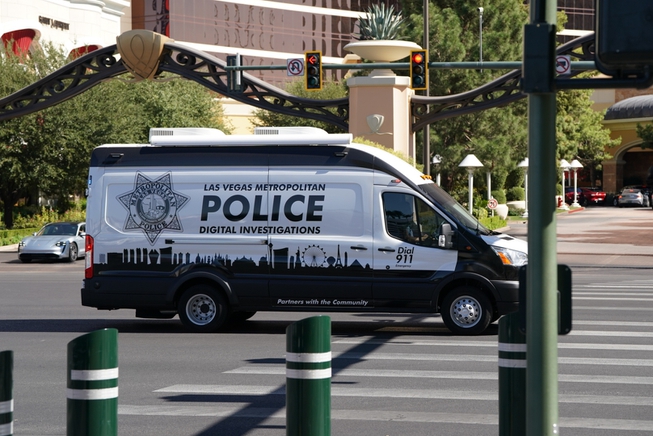 A Metro Police vehicle responds after a stabbing along the Las Vegas Strip left two people dead and six wounded on Thursday, Oct. 6, 2022, authorities said. In a report released by Metro on Thursday, the department averaged 16 officer-involved shootings, eight of those resulting in a fatality, over a five-year period.