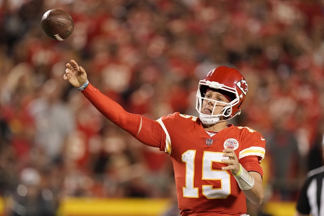 Kansas City Chiefs quarterback Patrick Mahomes throws during the first half of an NFL football game against the Las Vegas Raiders Monday, Oct. 10, 2022, in Kansas City, Mo. 


