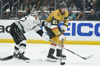 Vegas Golden Knights' Mark Stone, right, looks to shoot as he is defended by Los Angeles Kings' Kevin Fiala during the first period of an NHL hockey game Tuesday, Oct. 11, 2022, in Los Angeles. 


