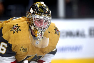Vegas Golden Knights goaltender Logan Thompson (36) is shown during the second period of an NHL hockey game against the Chicago Blackhawks at T-Mobile Arena Thursday, Oct. 13, 2022.