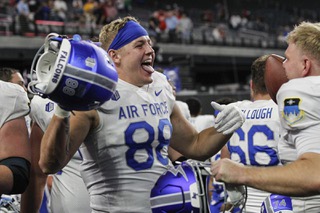 The Air Force Falcons celebrate after defeating UNLV Rebels 42-7 at Allegiant Stadium Saturday Oct. 15, 2022.  The Falcons defeat UNLV 42-7.